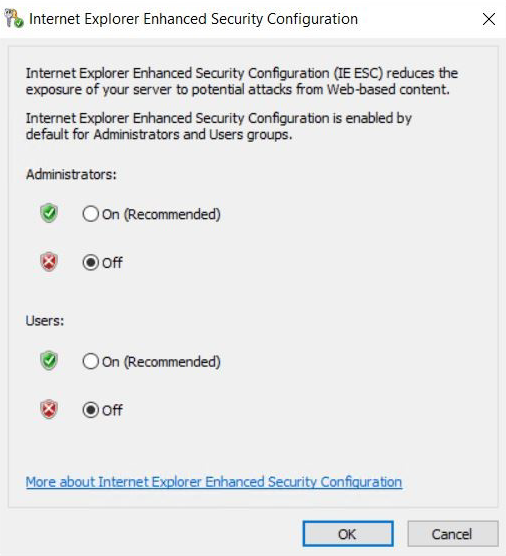 Captura de tela da janela Configuração de Segurança Aprimorada do IE. A opção Desligado está selecionada.