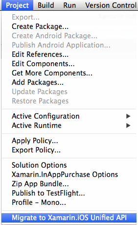 Escolha Migrar projeto > para a API unificada do Xamarin.iOS... e concorde com a mensagem de aviso que aparece