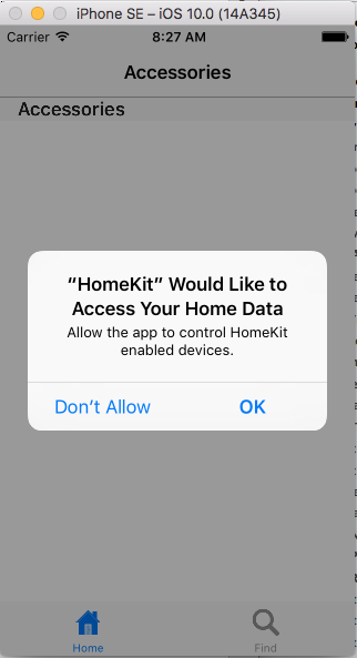 Um exemplo de alerta NSHomeKitUsageDescription