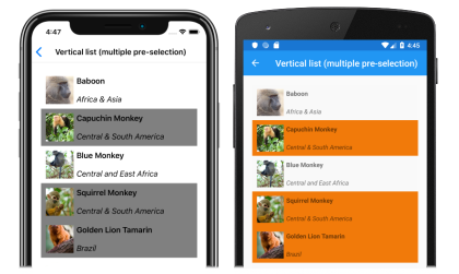 Captura de tela de uma lista vertical CollectionView com pré-seleção múltipla, no iOS e no Android