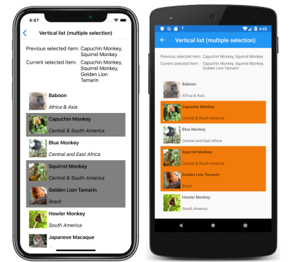 Captura de tela de uma lista vertical CollectionView com seleção múltipla, no iOS e Android