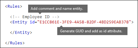 Marcação XML a mostrar regras e elementos de entidade.