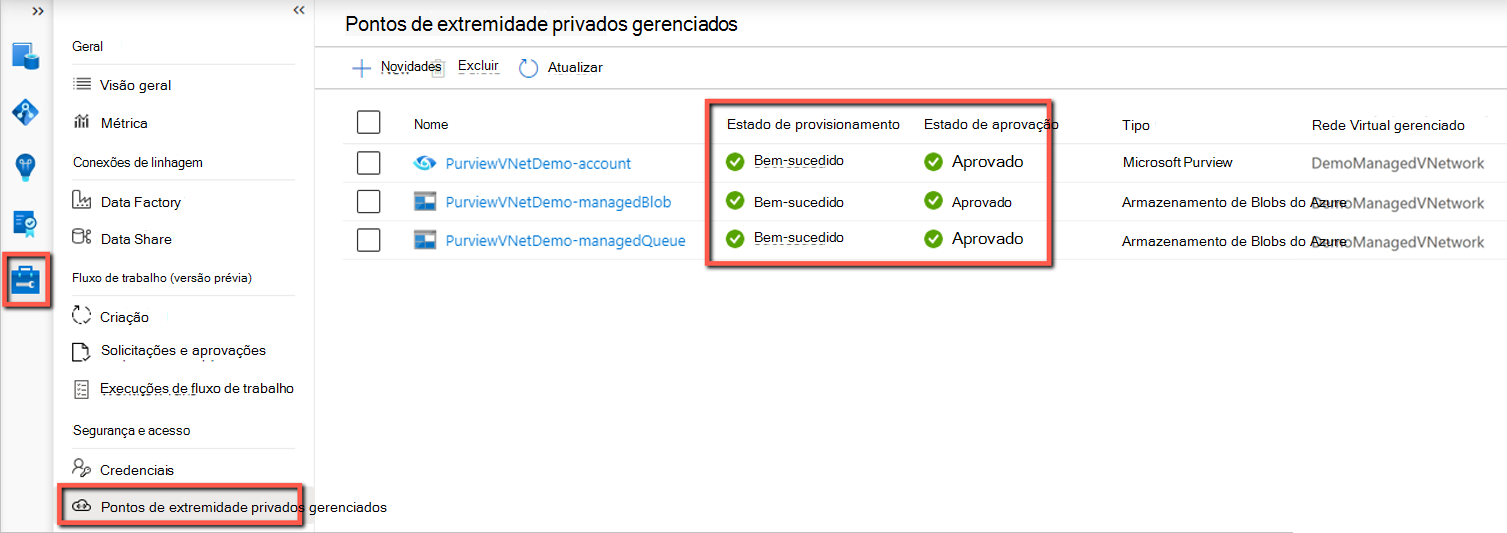 Captura de ecrã que mostra pontos finais privados geridos no Microsoft Purview