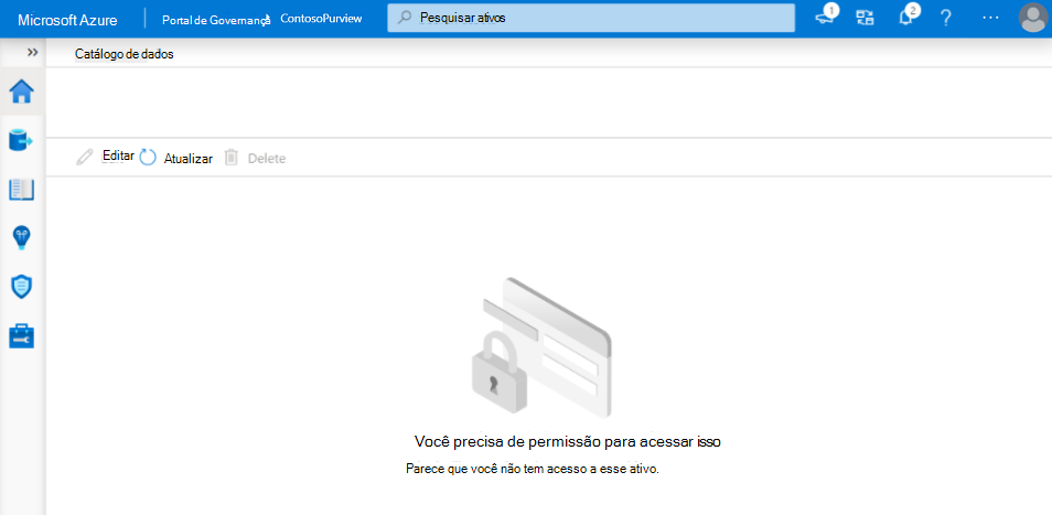 Screenshot of Microsoft Purview governance portal asset window where the user has no permissions, and has no access to information or options.