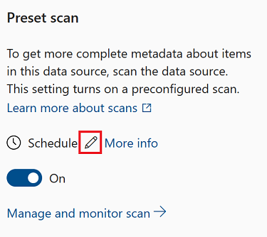 Captura de tela do menu de verificação predefinido, com a verificação habilitada e o ícone de lápis realçado ao lado do rótulo de agendamento.