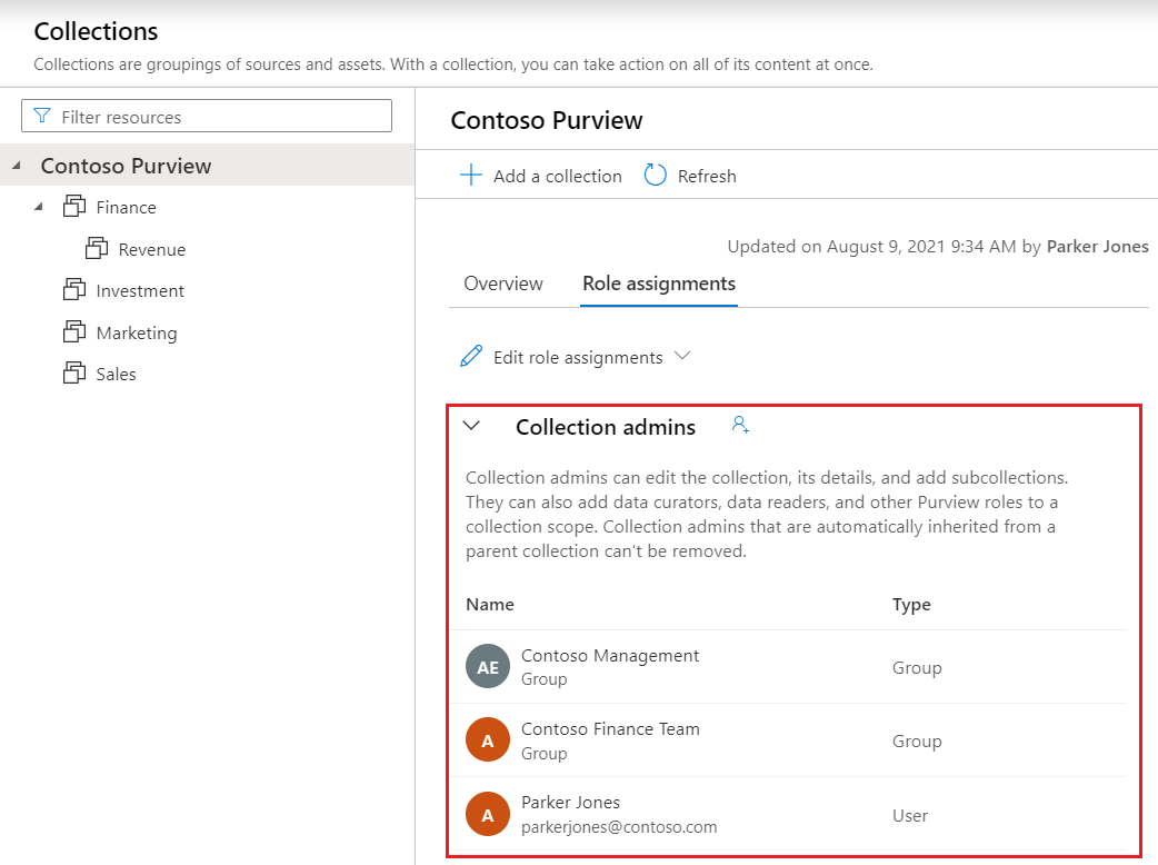 Captura de tela da janela do portal de governança do Microsoft Purview, aberta ao Mapa de Dados, com a seção administrador da coleção realçada.