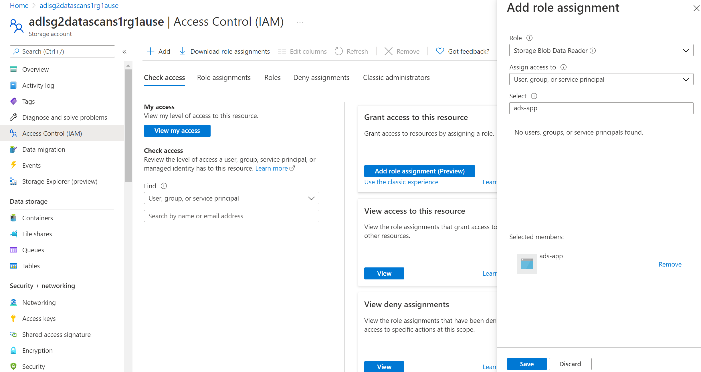 Captura de tela que mostra os detalhes para fornecer permissões de conta de armazenamento à entidade de serviço