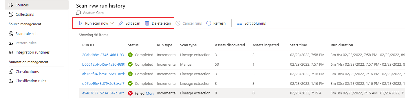 Captura de tela que mostra opções para executar, editar e excluir uma verificação.