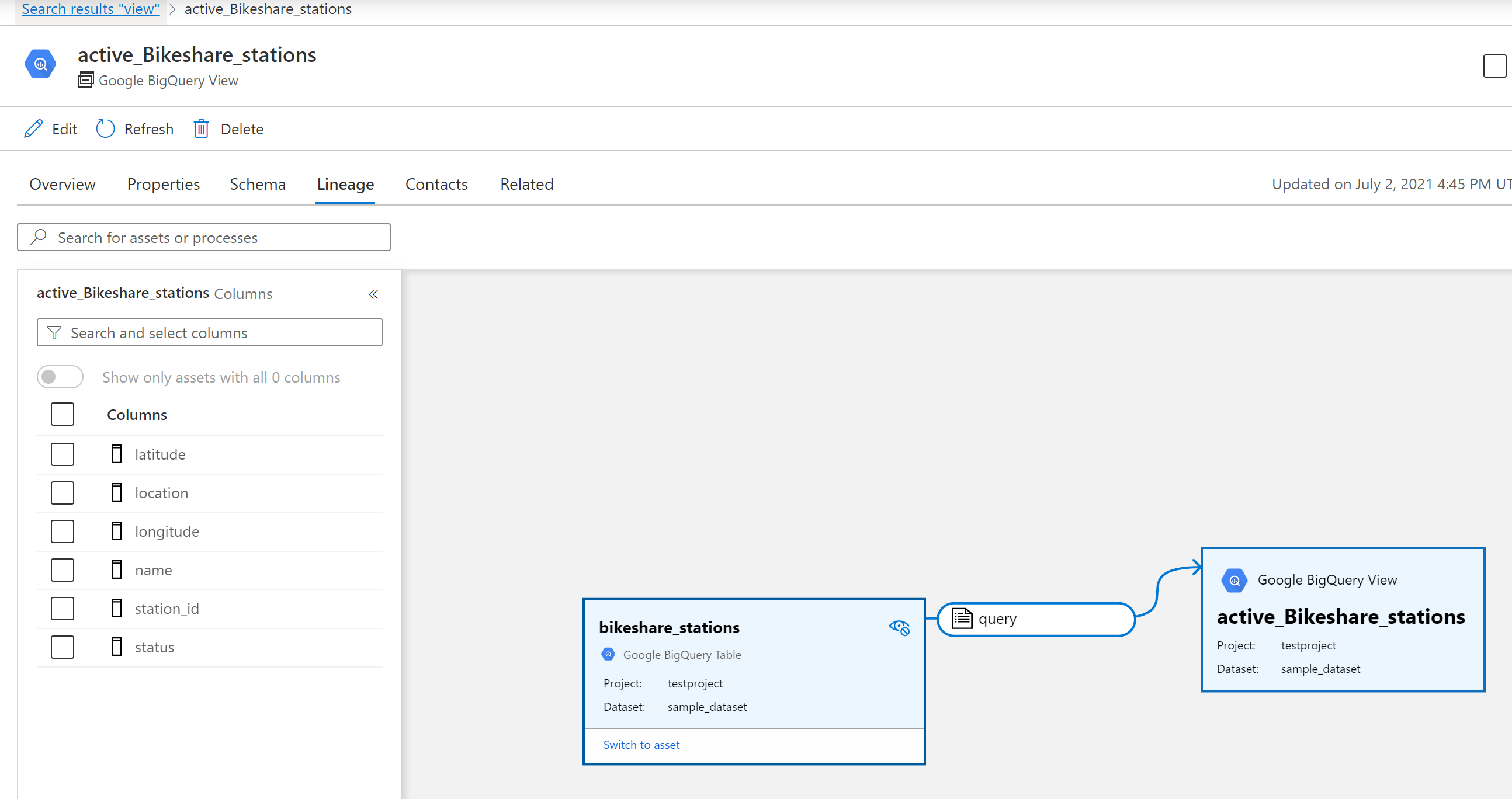 Exibição de linhagem do Google BigQuery