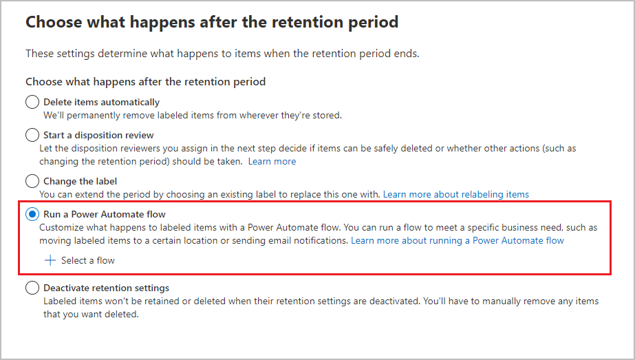 Configurando um rótulo de retenção para executar um fluxo do Power Automate após a expiração do período de retenção.