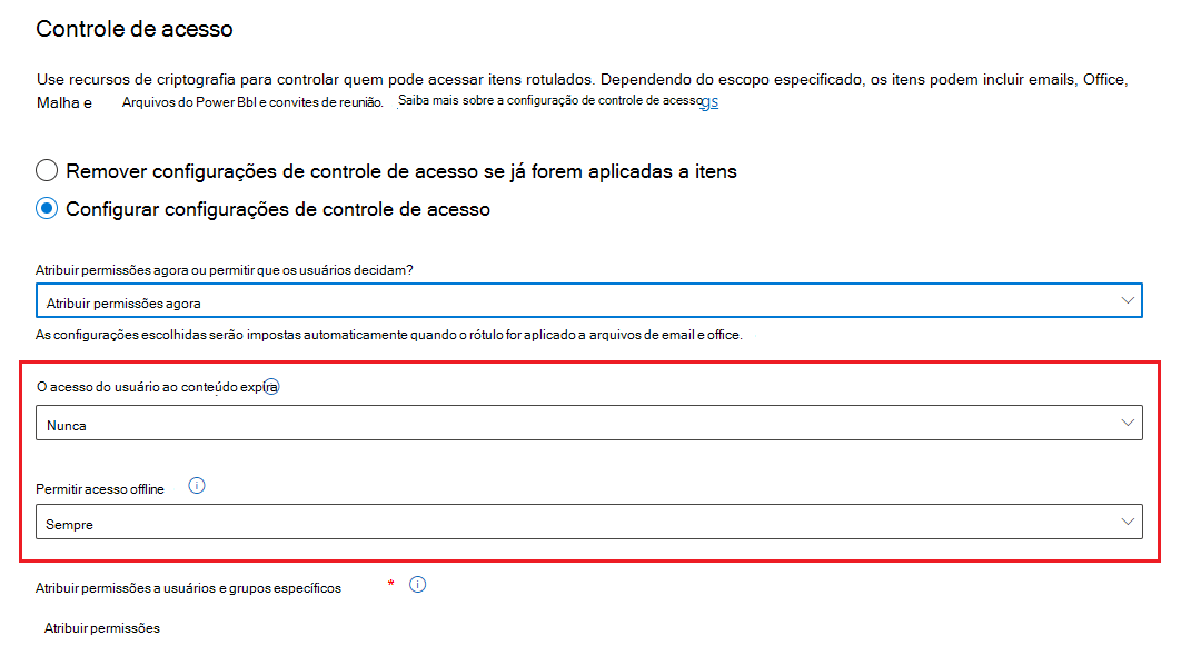 Configurações para permissões de administrador definidas.