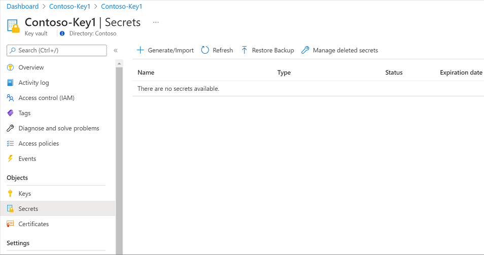 Screenshot of the instance of Azure Key Vault.