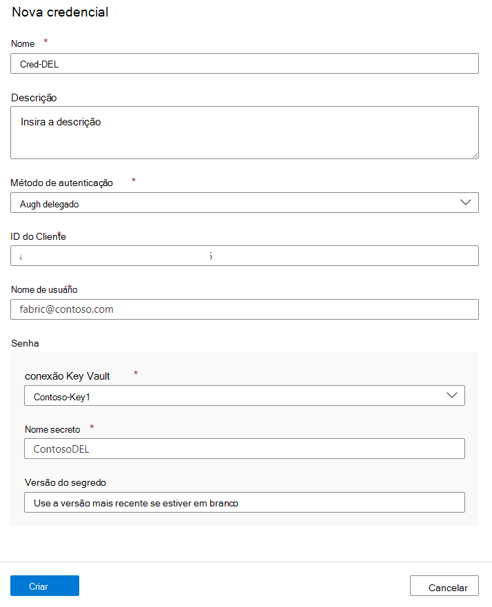 Screenshot of the new credential menu, showing Fabric credential for Delegated Auth with all required values supplied.