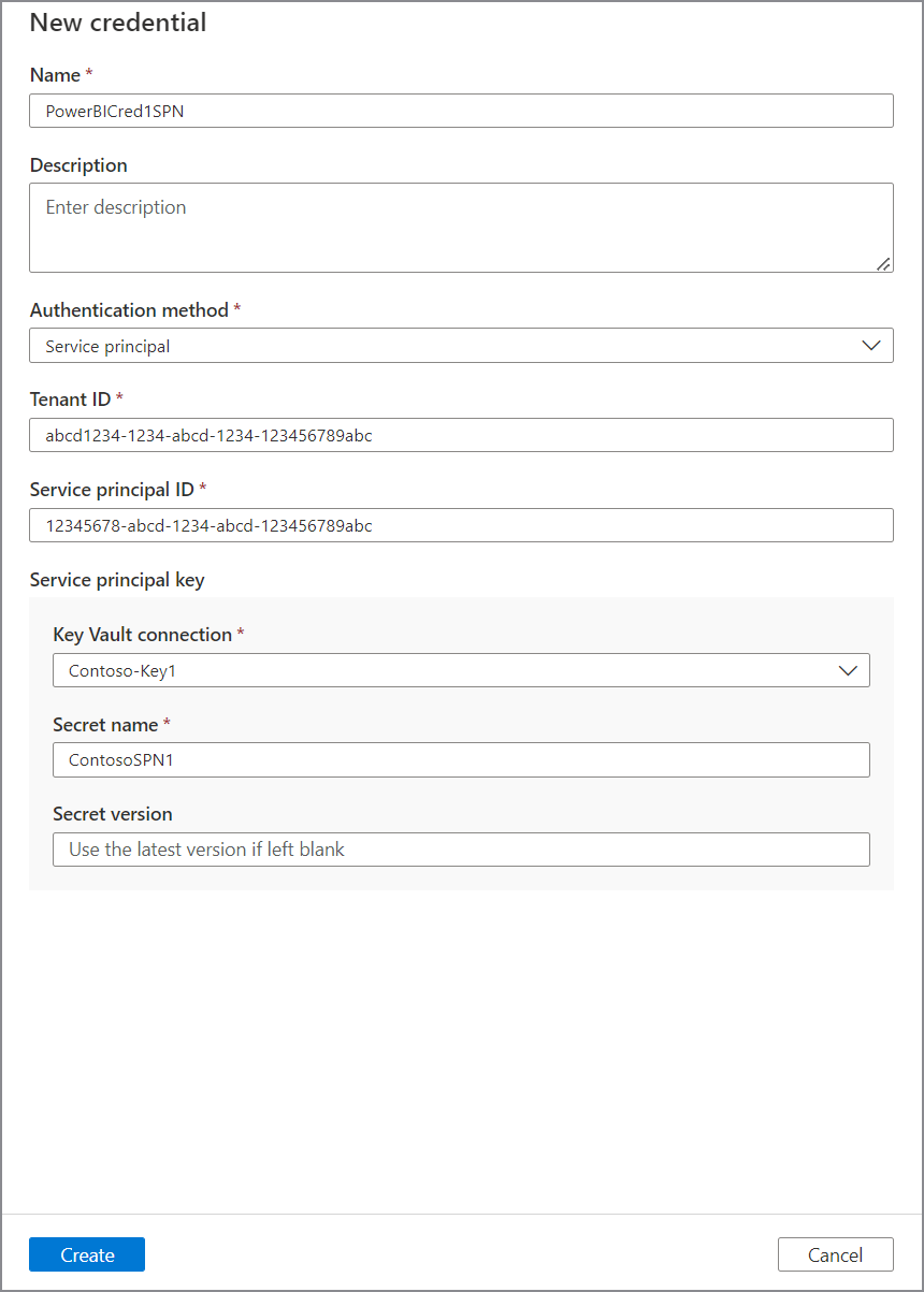 Captura de tela do novo menu de credencial, mostrando a credencial do Power BI para SPN com todos os valores necessários fornecidos.