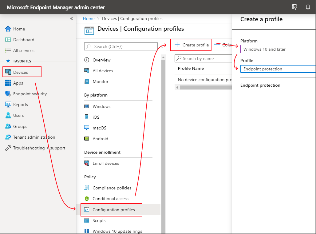 Captura de ecrã de Criar um perfil em Perfis de Configuração de Dispositivos para Windows 10.