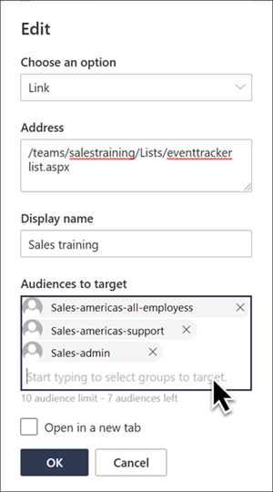 Captura de ecrã a mostrar a funcionalidade de segmentação de audiências na navegação de sites do SharePoint.