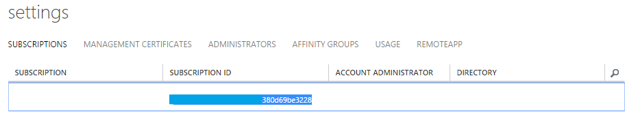 Captura de tela do Portal de Gerenciamento do Azure mostrando a guia SUBSCRIPTIONS da página Configurações.