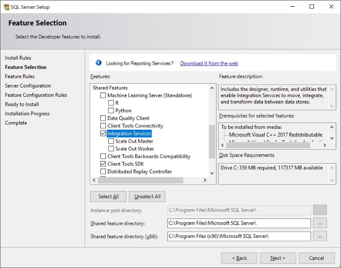 Instalar a seleção de recurso do Integration Services