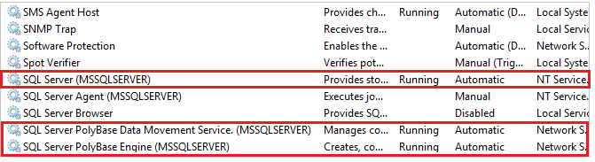 parar e iniciar os serviços do PolyBase em Services. msc