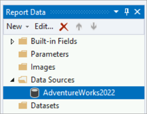 Captura de tela do painel de Dados do Relatório que realça a fonte de dados AdventureWorks2022.