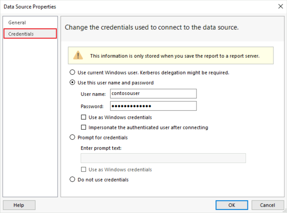 Captura de tela que mostra como configurar as opções de Credenciais na caixa de diálogo Propriedades da Fonte de Dados.