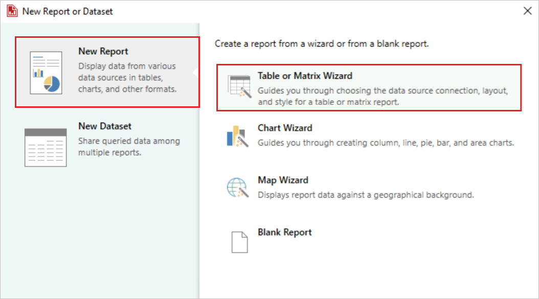 Captura de tela que mostra como selecionar Novo Relatório no Assistente de Tabela ou Matriz.