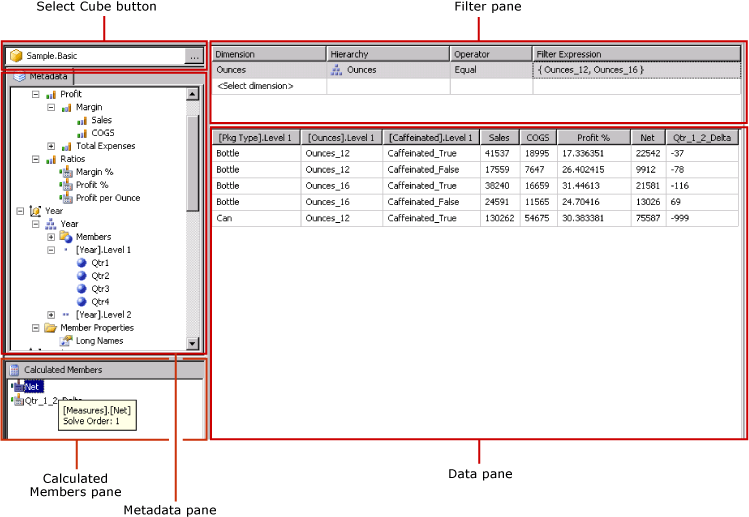 Designer de Consultas para a fonte de dados do Hyperion Essbase