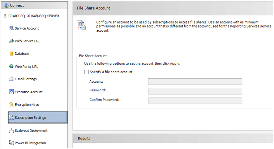 Captura de tela que mostra a ferramenta de Configurações de Assinatura do Reporting Services.