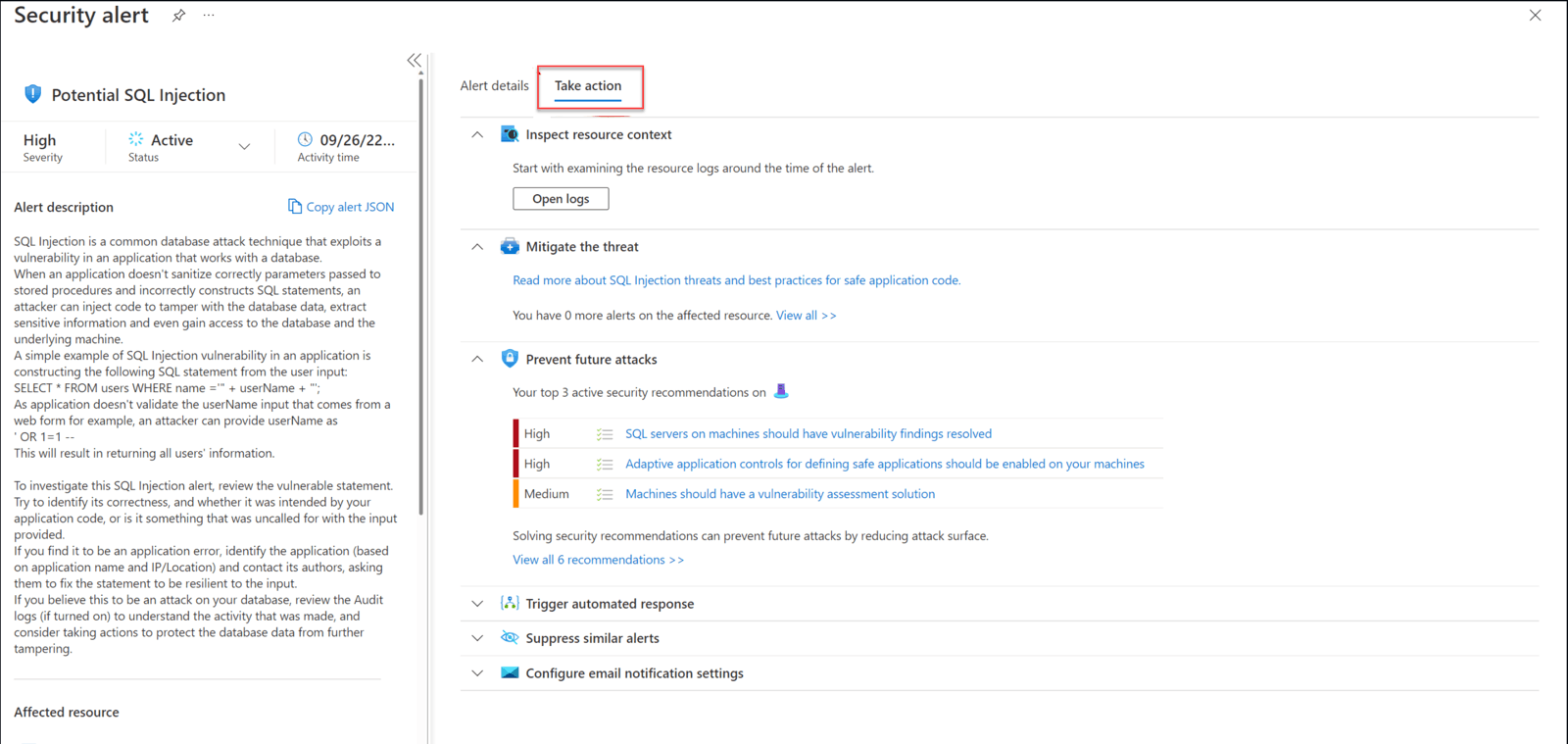 Captura de tela mostrando  a mitigação do alerta.