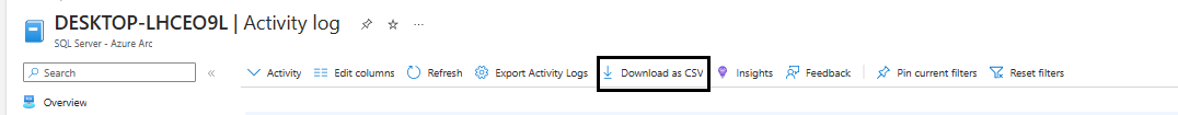 Captura de tela do recurso “Baixar como CSV” dos logs de atividades do SQL Server habilitado para Arc.