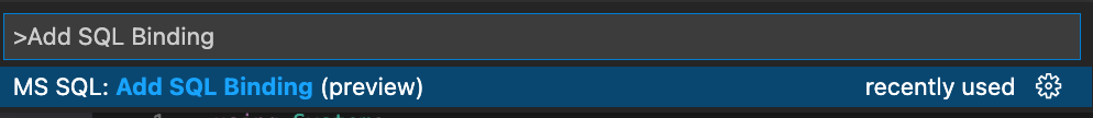 Comando da paleta de comandos do VS Code `MS SQL: Add SQL Binding (preview).