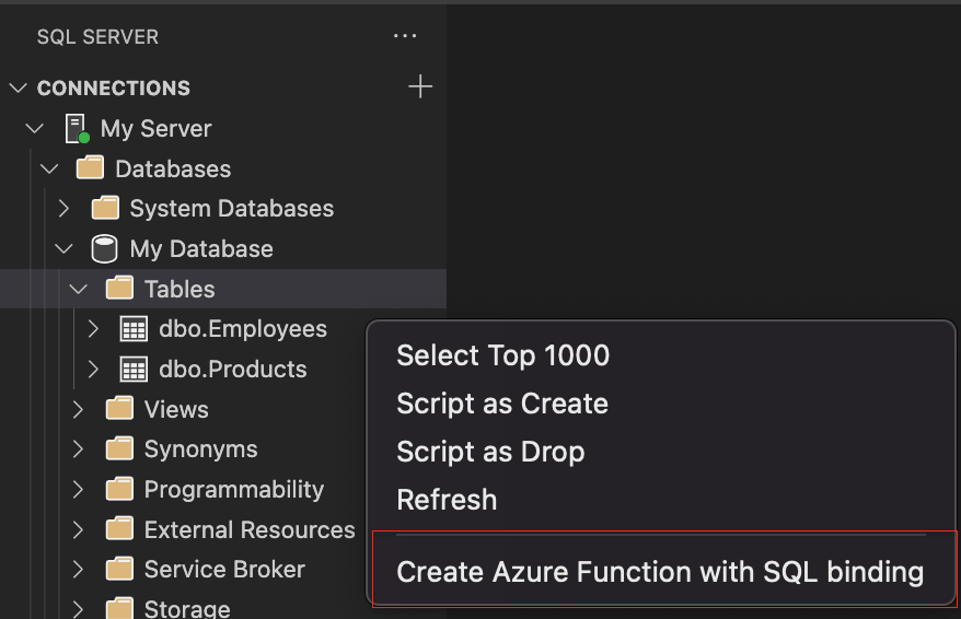 Captura de tela do menu de contexto do pesquisador de objetos para adicionar uma associação SQL da Tabela.