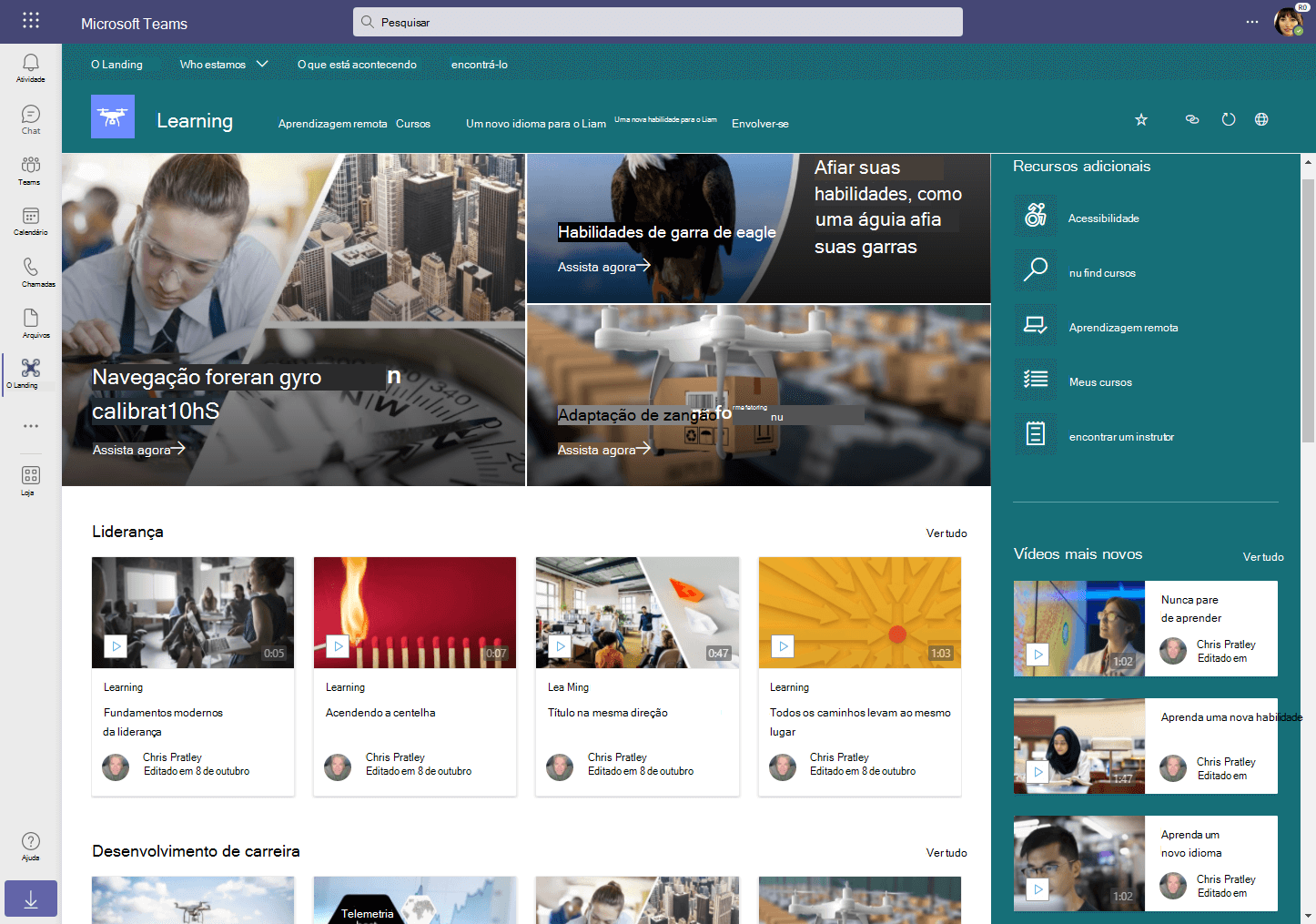 Site de aprendizagem a ser apresentado através de Ligações Viva como um separador no Teams. Os vídeos são apresentados na página como elementos de destaque na parte superior da página, divididos por tópicos e numa secção de vídeos de reccenter.