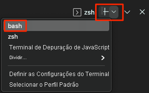 Uma captura de tela do Visual Studio Code mostrando o local do shell Bash.