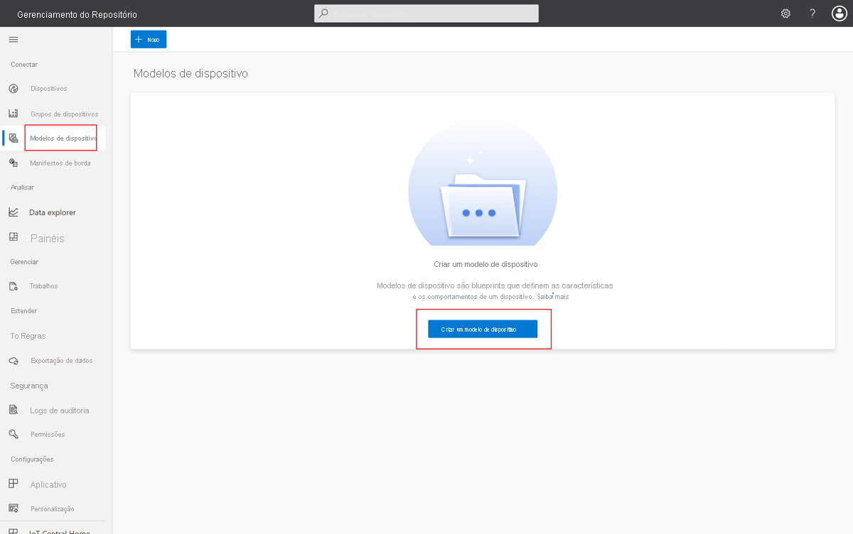 Captura de tela que mostra a página de modelos de dispositivo onde você gerencia os modelos em seu aplicativo do Azure IoT Central.