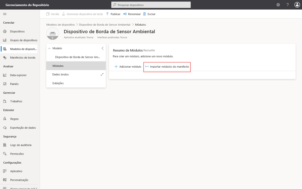 Captura de tela que mostra a página de modelos de dispositivo onde você importa as definições de módulo do manifesto de implantação.