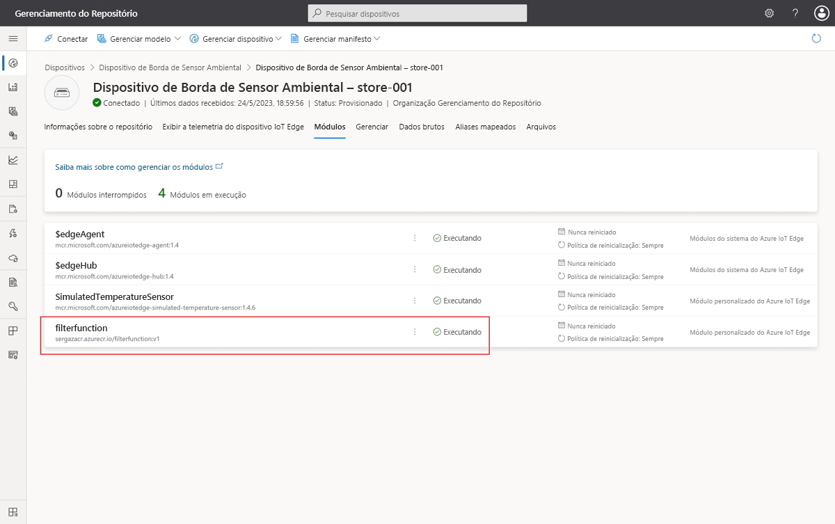 Captura de tela que mostra o módulo FilterFunction em execução no dispositivo IoT Edge.