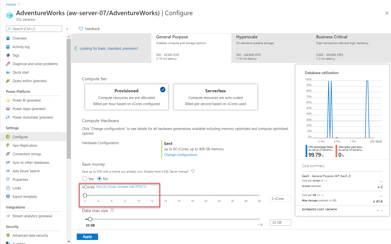 Screenshot of compute options in the Azure portal.