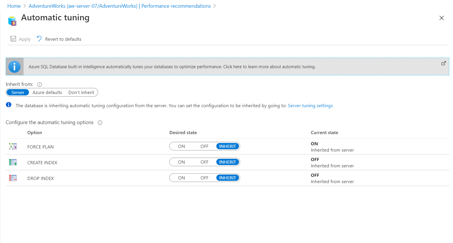 Screenshot of automatic tuning options.