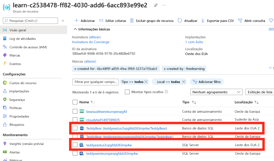 Screenshot of the Azure portal, showing the deployment of the logical servers and databases in various locations.