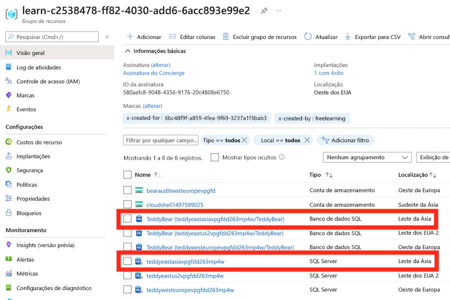 Screenshot of the Azure portal, showing the deployment of a logical server and database in an additional region.