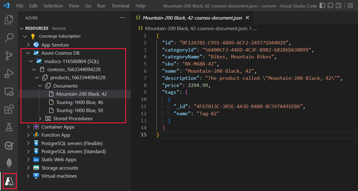 Screenshot of the Azure Databases extension in Visual Studio Code as user right-clicks on the Documents node for a contextual menu to create a new document.