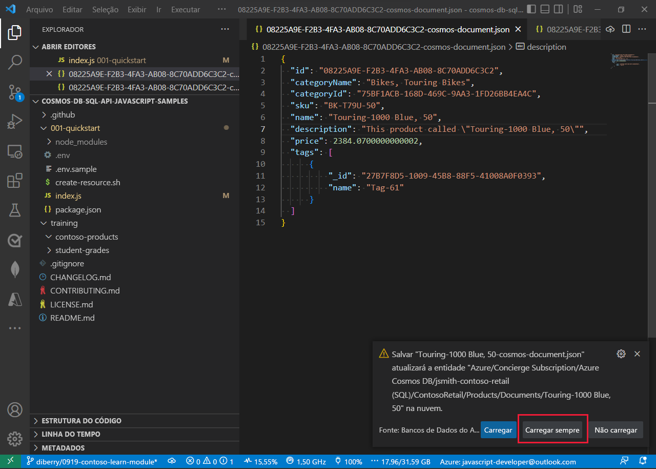 Screenshot of Visual Studio Code showing the edited document. The student has selected the Update to Cloud command to save the changes back to Azure.