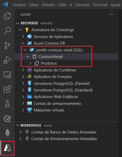 Screenshot of the Azure explorer in Visual Studio Code, showing the SchoolDB database and the StudentCourseGrades container.