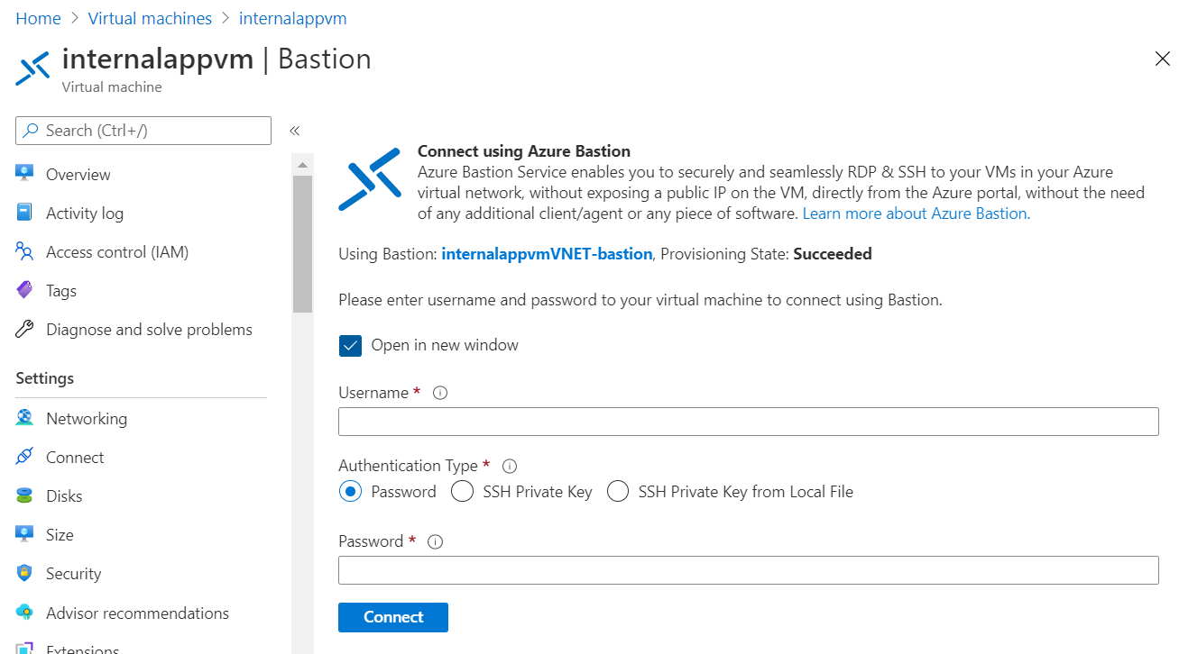 Screenshot of the Azure Bastion page that prompts you to enter username and password for the VM.