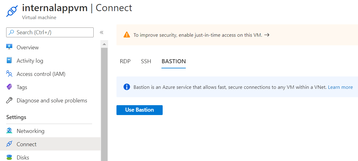 Screenshot of the Connect page and Bastion tab, with the Create Azure Bastion using defaults button.