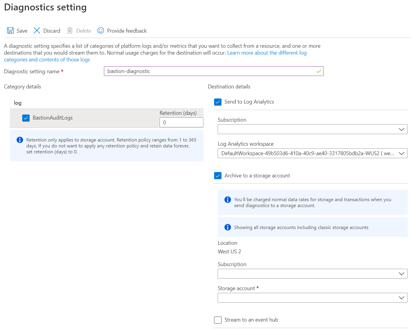 Screenshot that shows the Diagnostics setting page filled out.