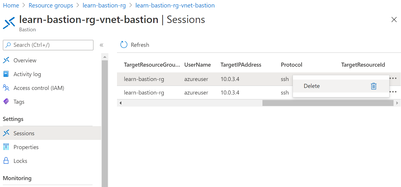 Screenshot of the Azure Bastion sessions page with the delete option selected for one of the two sessions.