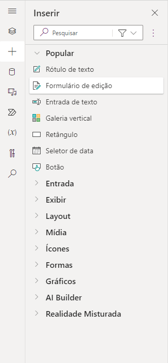 Itens de menu da Faixa de Controles do Power Apps da guia Inserir.