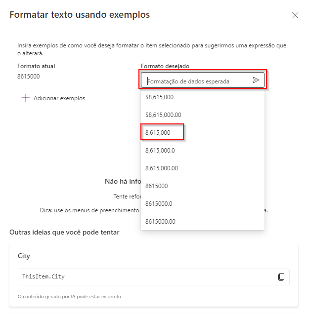 Captura de tela da caixa de diálogo Formatar texto usando exemplos.